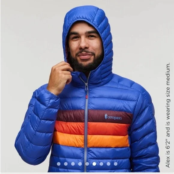 Cotopaxi Men’s XXL Fuego Hooded Down Puffer Jacket Blue Violet Stripes NWT - Picture 10 of 14